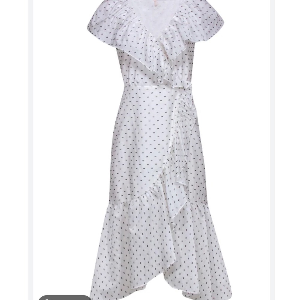 Rebecca Taylor White Polka Dot Ruffle Wrap Midi Dress High Low V-Neck Cap Sleeve